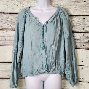 Cato Women’s Blue Cotton Peasant Top Tassel Tie Neckline Size 14/16W